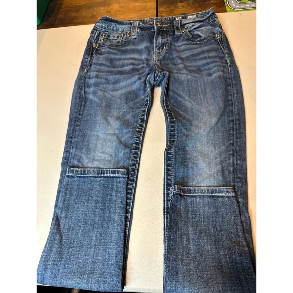 Miss Me Women Mid Rise Skinny Jeans Blue Medium Wash Cross Fleur De Lis Size 28